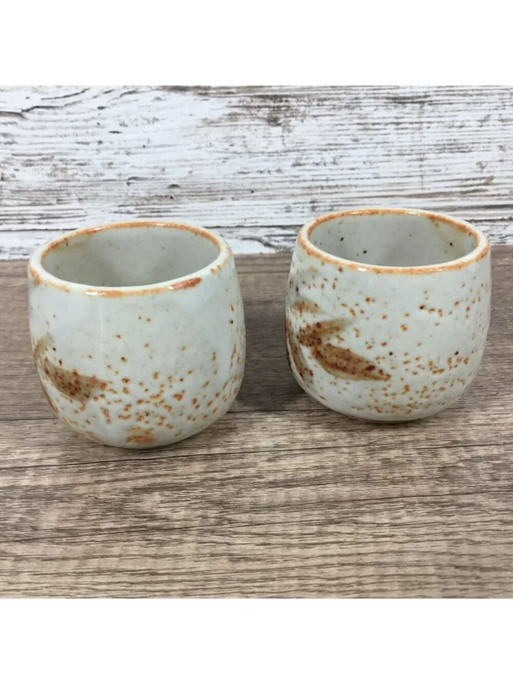 Vintage Japanese Shino Ware Yunomi Teacups Set Of 2 Bamboo Motif Wabi Sabi Studi